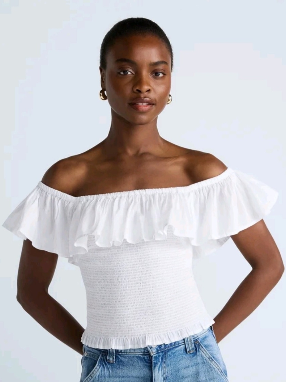 Smocked Off-the-Shoulder Ruffle Camisole - White